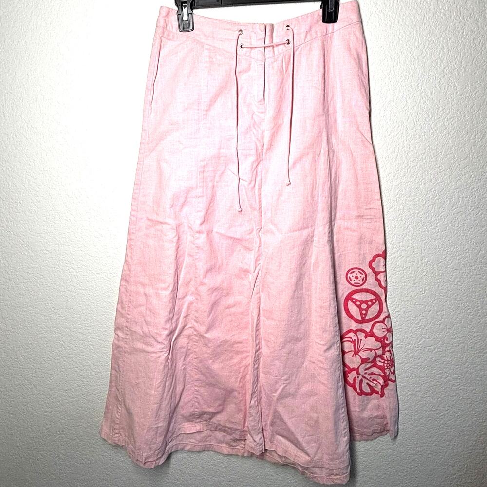 Vintage Y2K 2000's XS Midi Flare Baby Pink Lace up waist Coastal Grandmother